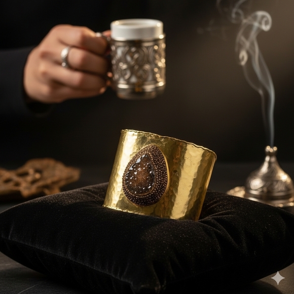 🆕Handcrafted Turkish Gold Wide Cuff Artisan Bracelet With Druzy Chalcedony Gem - Picture 13 of 15